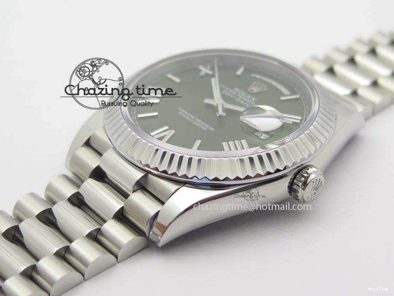 MiroTime 0508 Stretchable DayDate 40mm BP-Maker 228206 SS Green Roman Dial (Fluted Bezel) On SS Bracelet ETA 3904